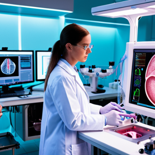 Home 11 **Prompt:** A futuristic lab with a bioprinting machine creating a human organ. Scientists in lab coats are observing, with holographic displays showing complex vascular networks. Focus on the advanced technology and the hope for organ transplant solutions.