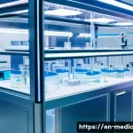 Home 22 바이오프린팅의 글로벌 시장 전망과 트렌드 - A futuristic bioprinting laboratory scene showing a high-tech extrusion-based bioprinter depositing ...