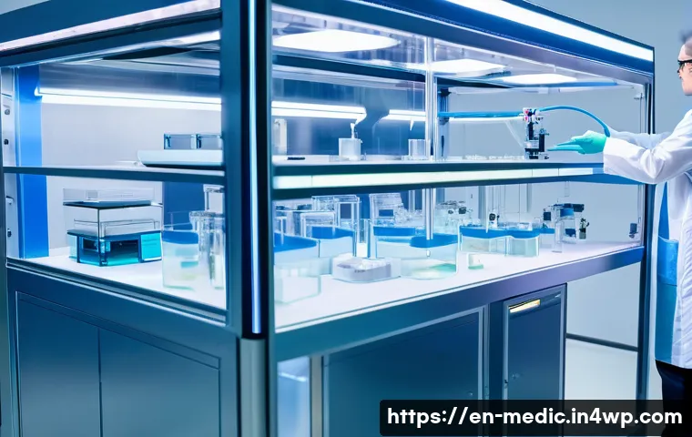 바이오프린팅의 글로벌 시장 전망과 트렌드 - A futuristic bioprinting laboratory scene showing a high-tech extrusion-based bioprinter depositing ...