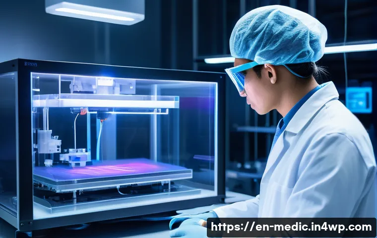 바이오프린팅에서의 인공지능 활용 가능성 - A futuristic bioprinting laboratory showcasing an advanced AI-driven bioprinter in action, dynamical...