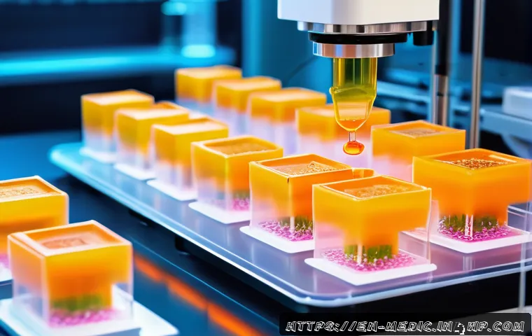 바이오프린팅이 주는 환자 맞춤형 치료의 가능성 - A high-tech bioprinting laboratory scene showing a state-of-the-art 3D bioprinter meticulously layer...