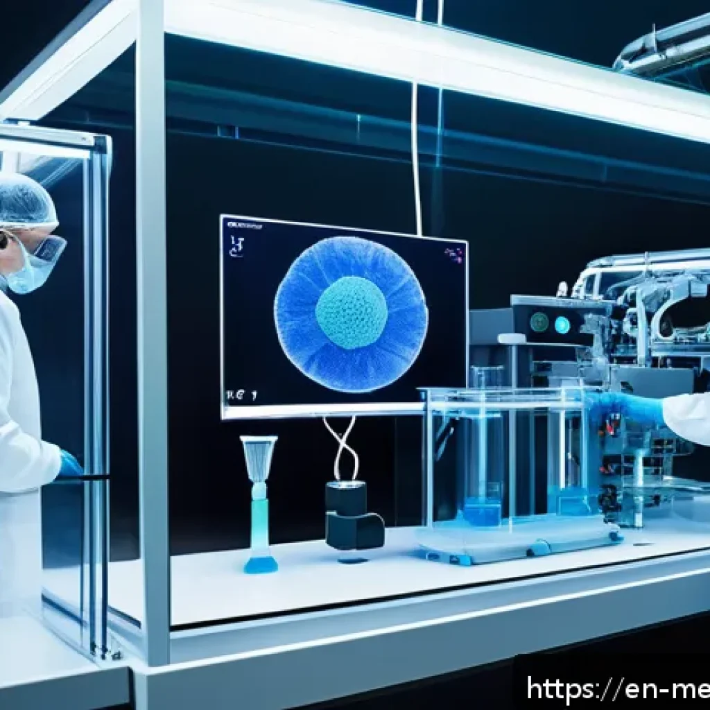 바이오프린팅의 실용화를 위한 투자 전략 - A highly detailed futuristic bioprinting laboratory scene showcasing a multi-material bioprinter act...