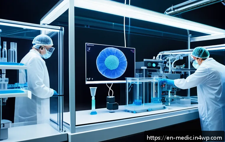바이오프린팅의 실용화를 위한 투자 전략 - A highly detailed futuristic bioprinting laboratory scene showcasing a multi-material bioprinter act...