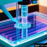 Home 23 인체 조직 바이오프린팅의 원리 - A futuristic laboratory scene showcasing a high-tech bioprinter in action, depositing layers of vibr...