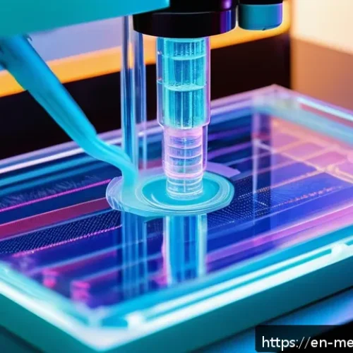 Home 17 인체 조직 바이오프린팅의 원리 - A futuristic laboratory scene showcasing a high-tech bioprinter in action, depositing layers of vibr...