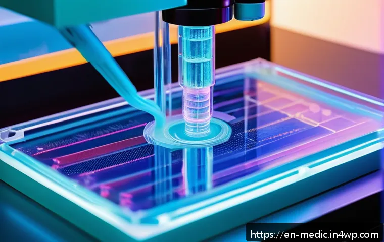 인체 조직 바이오프린팅의 원리 - A futuristic laboratory scene showcasing a high-tech bioprinter in action, depositing layers of vibr...